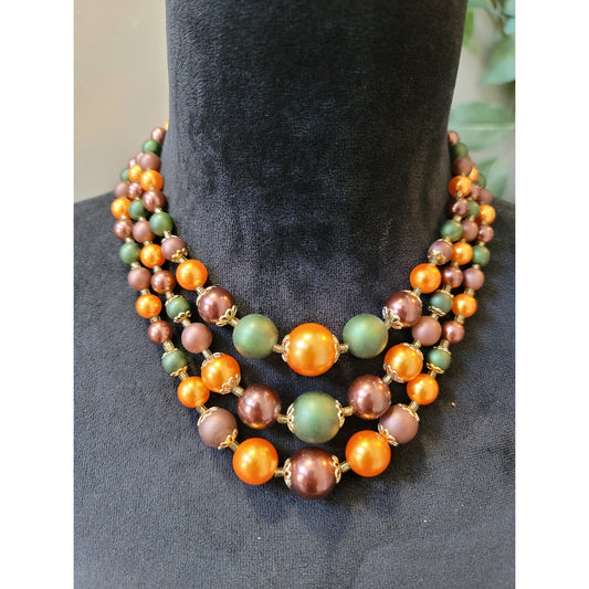 Women's Triple Strand Bead Necklace With Adjustable Hook Clasp Fall Colors