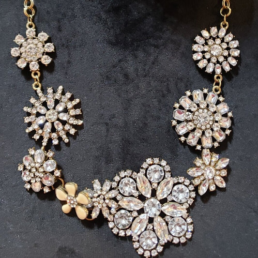 Women's Gold Plated Crystal Floral Rhinestone Statement Necklace with Lobster