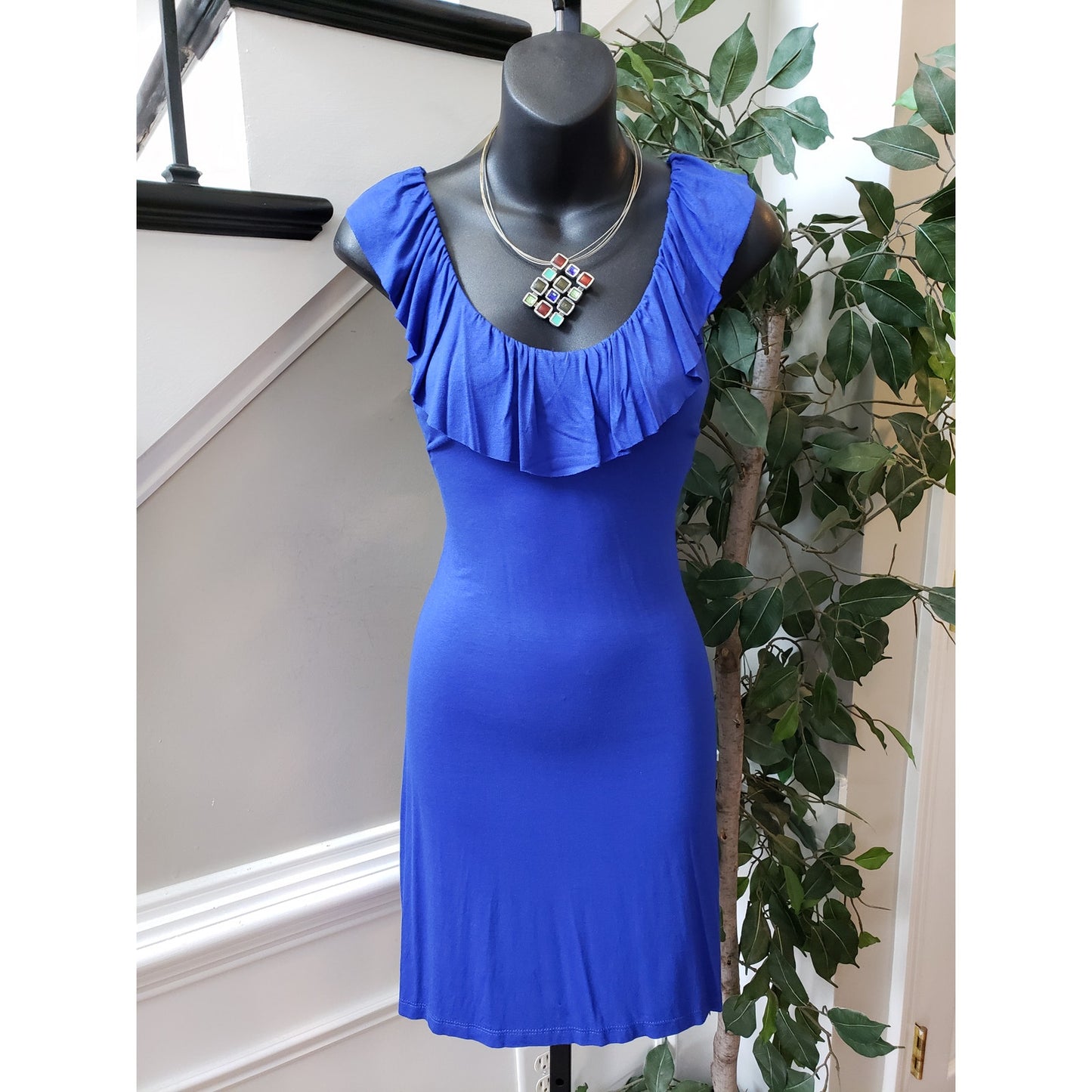 Charming Charlie Bodycon Dress Womens Small Blue Ruffle Sleeveless Keyhole Back