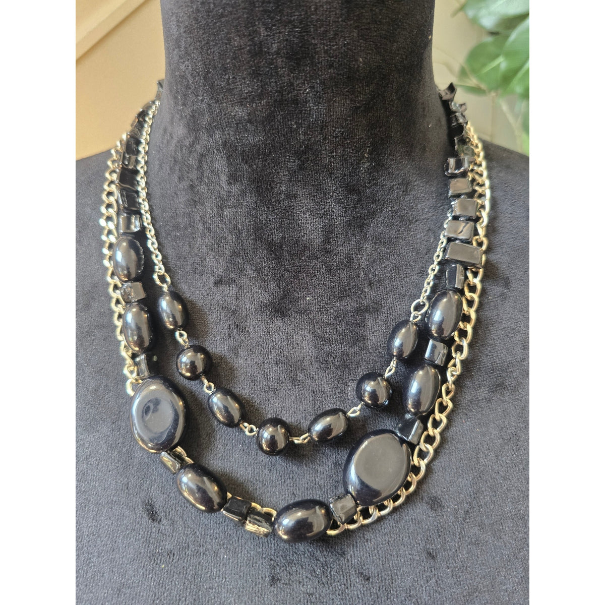 Black Gray Multi Strand Chain Beaded Statement Necklace