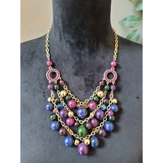 Women's Multicolor Beaded Statement Necklace With Lobster Clasp Layered Design
