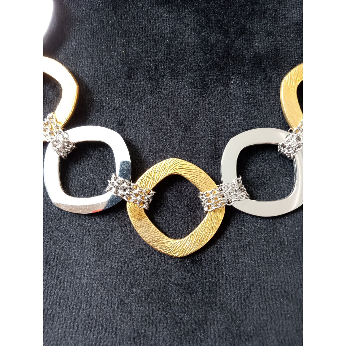 Two Tone Gold Silver Open Link Statement Necklace Rhinestone Accent Geometric