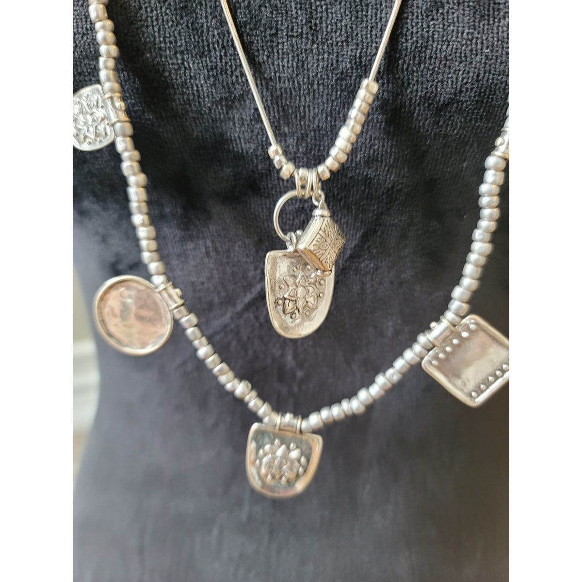 Chico's Women's Long Silver Beaded Necklace With Charms And Lobster Claw Lock