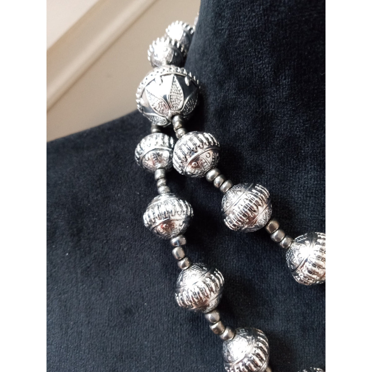 Vintage Silver Tone Ribbed Bead Double Strand Statement Necklaces- Set of Two