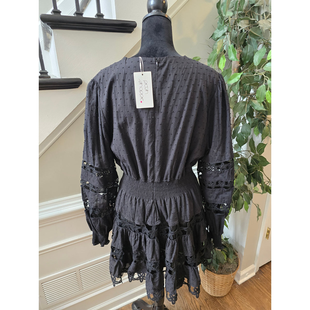 Posh Shoppe Mini Dress 2X Black Cotton Floral Lace V-Neck Back Zip Casual Party