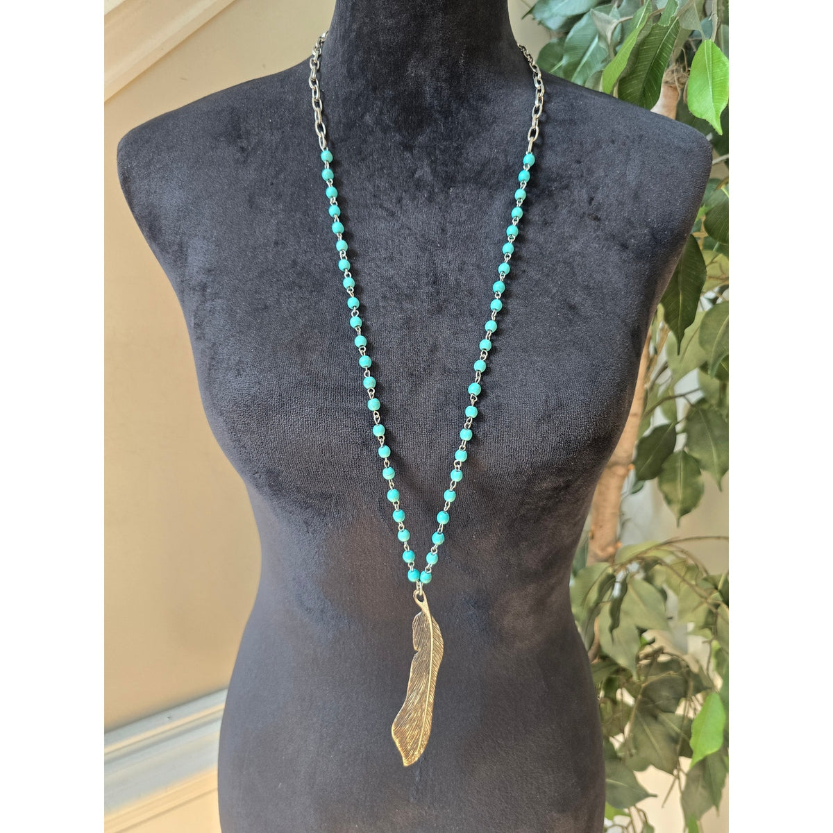 West & Co Turquoise Beaded Long Pendant Necklace Gold Tone Leaf Boho Jewelry