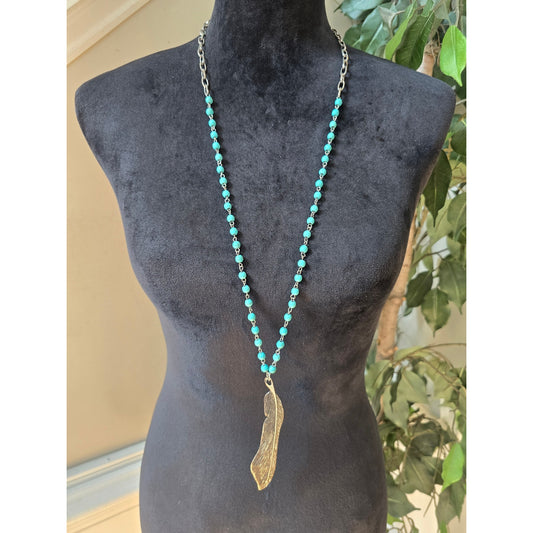 West & Co Turquoise Beaded Long Pendant Necklace Gold Tone Leaf Boho Jewelry