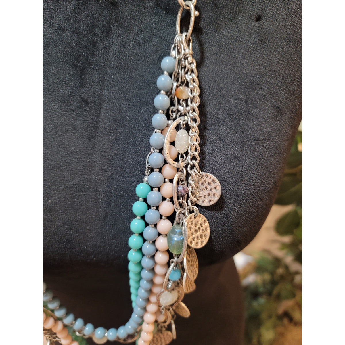 Womens Multi Layer Beaded Charm Necklace Toggle Lock Pastel Blue And Green Beads