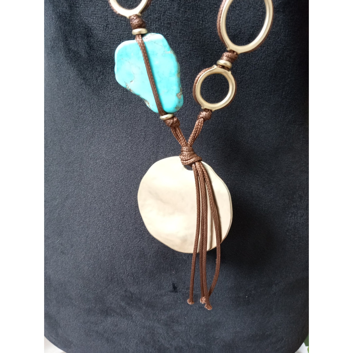 Chico's Turquoise Shell Pendant Ring Link Statement Necklace Boho Long Necklace