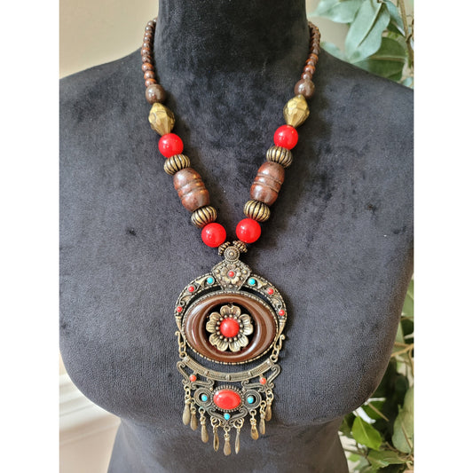 Women's Bohemian Antique Brass Statement Necklace With Lobster Clasp Red Beads