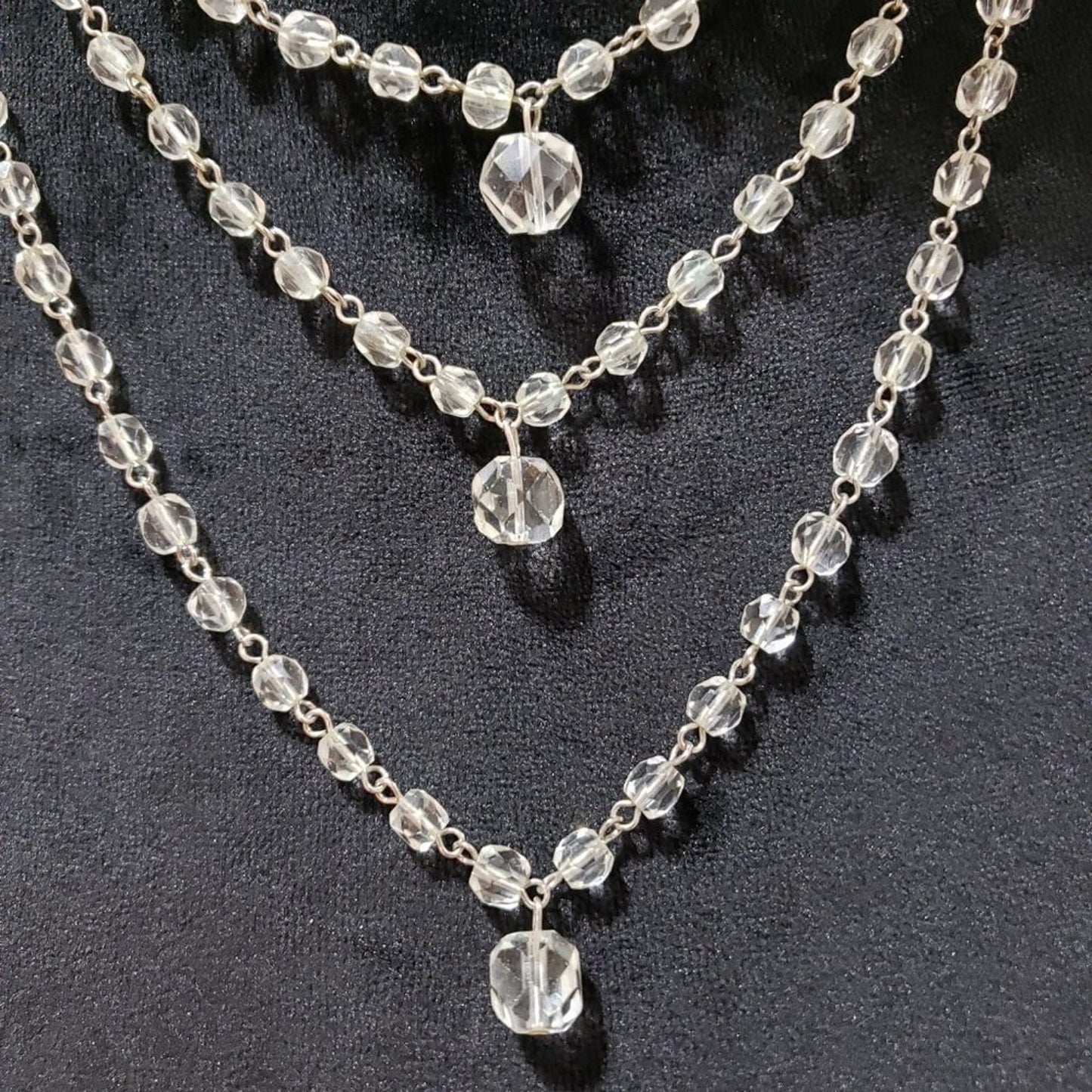 Womens Fashion Triple Strand Clear Faceted Rhinestones Beaded Charm Necklace