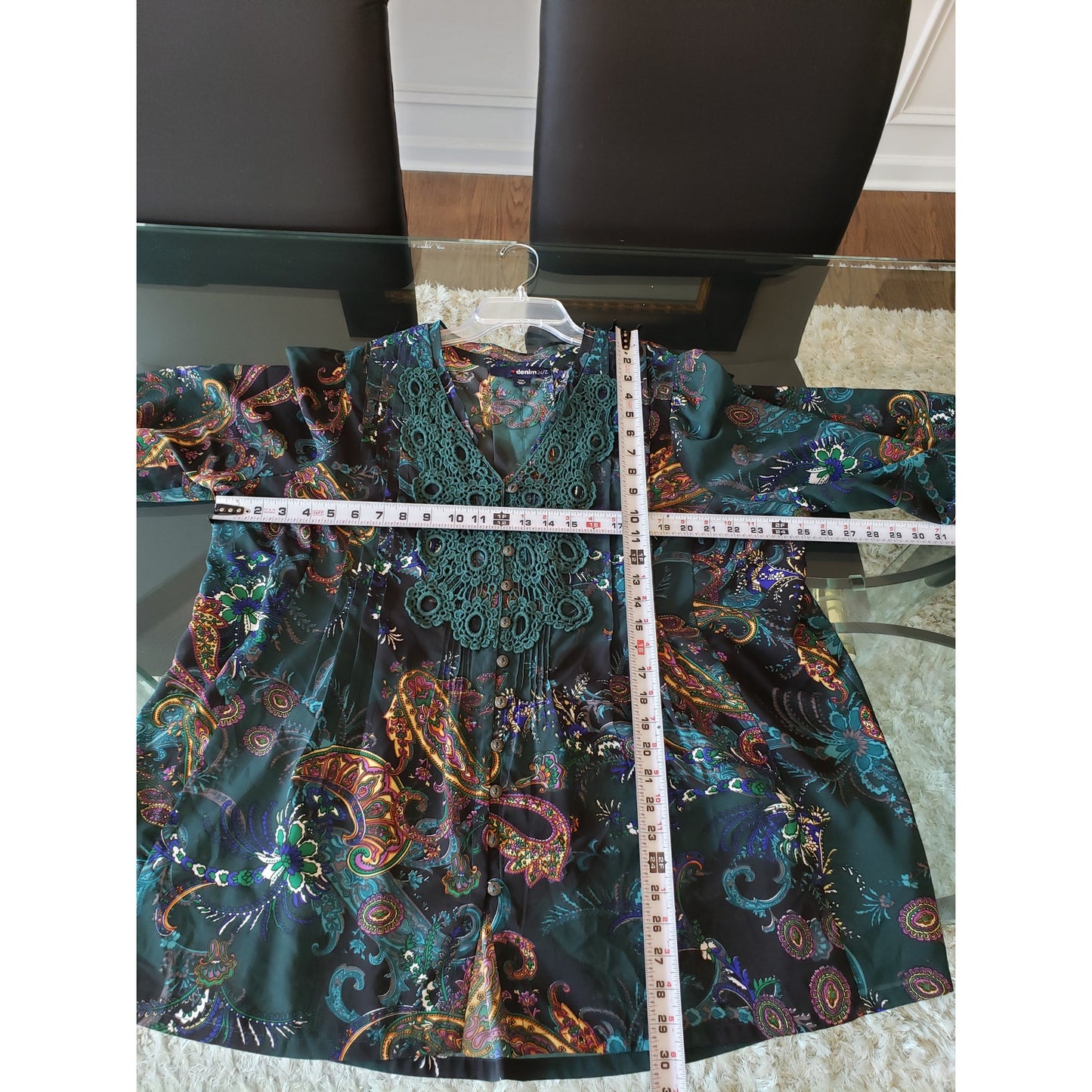 Denim 24/7 Tunic Top Womens 20W Green Paisley Lace Trim 3/4 Sleeve Button Front
