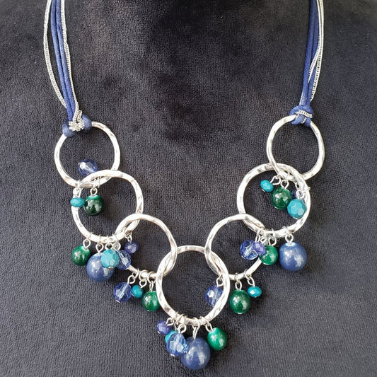 Women Silver Tone Multi Gems & Beads Circle Link V Shape Necklace with Lobster