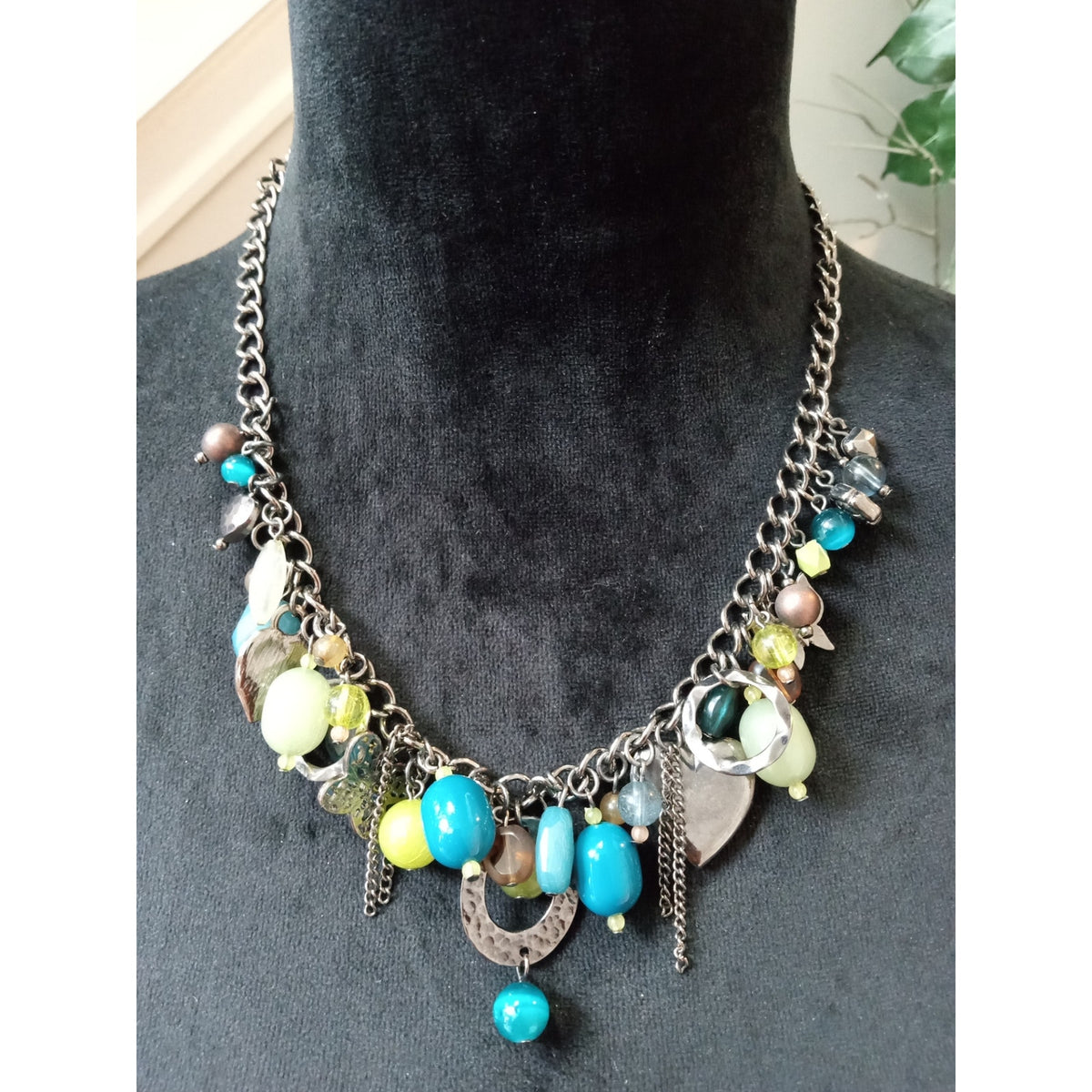 Gunmetal Chain Necklace Turquoise Yellow Beaded Charm Statement Bib Boho Jewelry