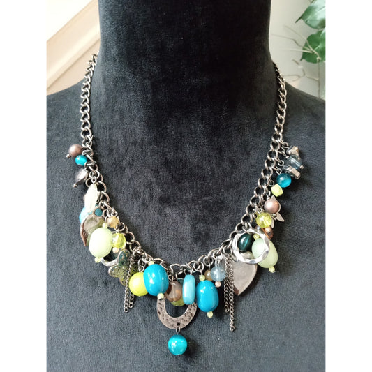 Gunmetal Chain Necklace Turquoise Yellow Beaded Charm Statement Bib Boho Jewelry