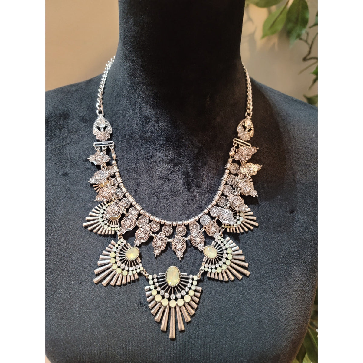 Women's Silver Tone Statement Bib Necklace With Opal Stones Lobster Clasp