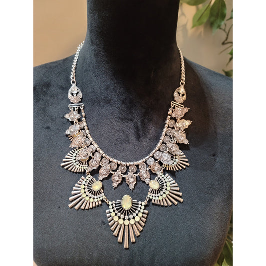 Women's Silver Tone Statement Bib Necklace With Opal Stones Lobster Clasp