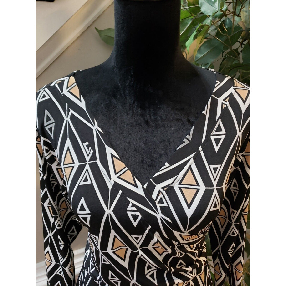 East Adeline Womens Black White Polyester V-Neck 3/4 Sleeve Knee Length Dress 1X