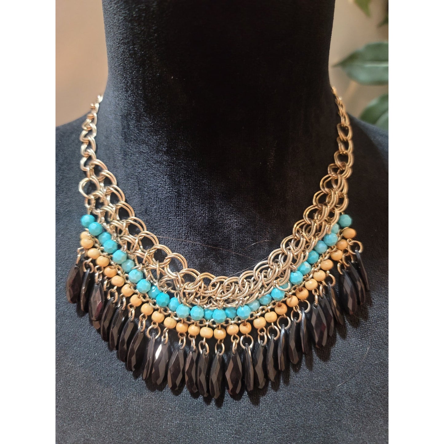 Women Statement Necklace With Turquoise Beads Black Drops And Lobster Clasp Lock