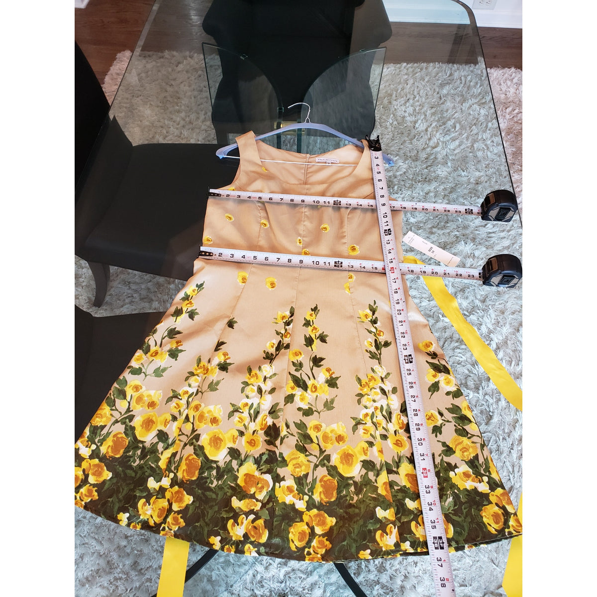 Annalee + Hope Shift Dress Womens 10 Yellow Floral Bow Waist Scoop Neck Back Zip