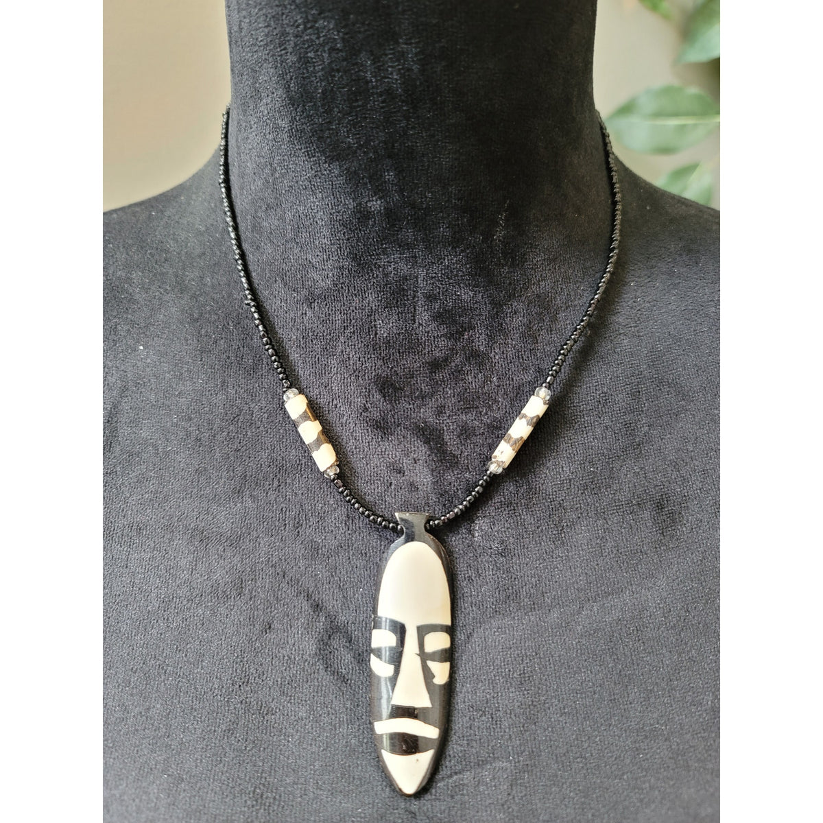 Women's Tribal Beaded Necklace With Face Pendant And Magnetic Clasp Lock