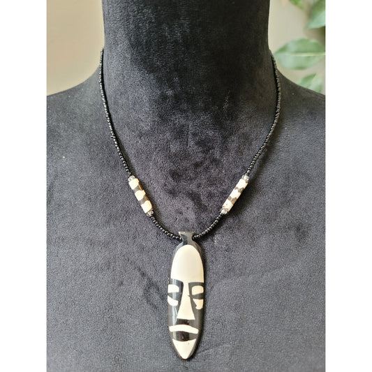 Women's Tribal Beaded Necklace With Face Pendant And Magnetic Clasp Lock