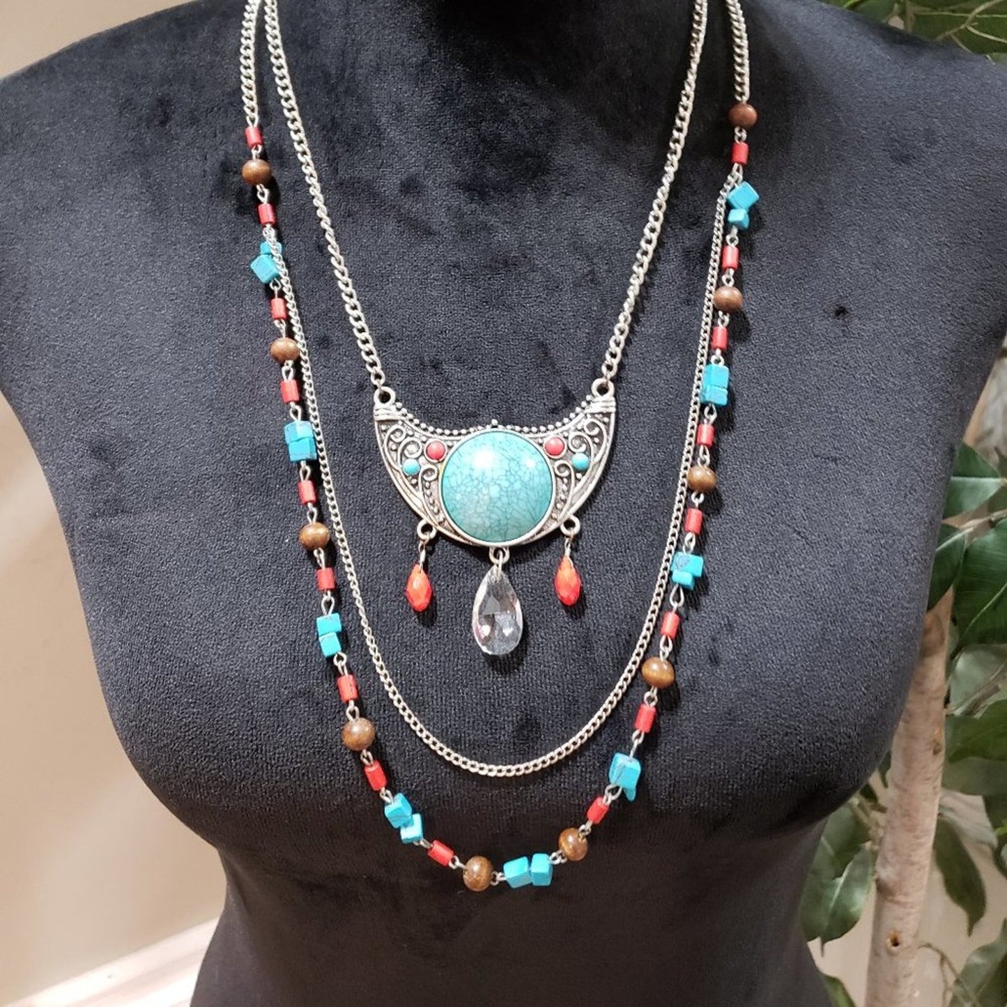 Women Fashion Silver Large Round Turquoise Stone Collar Necklace w/Lobster Clasp