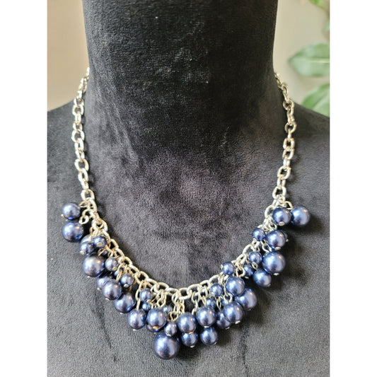 Women's Blue Beaded Statement Necklace With Spring Ring Clasp Bold Jewelry