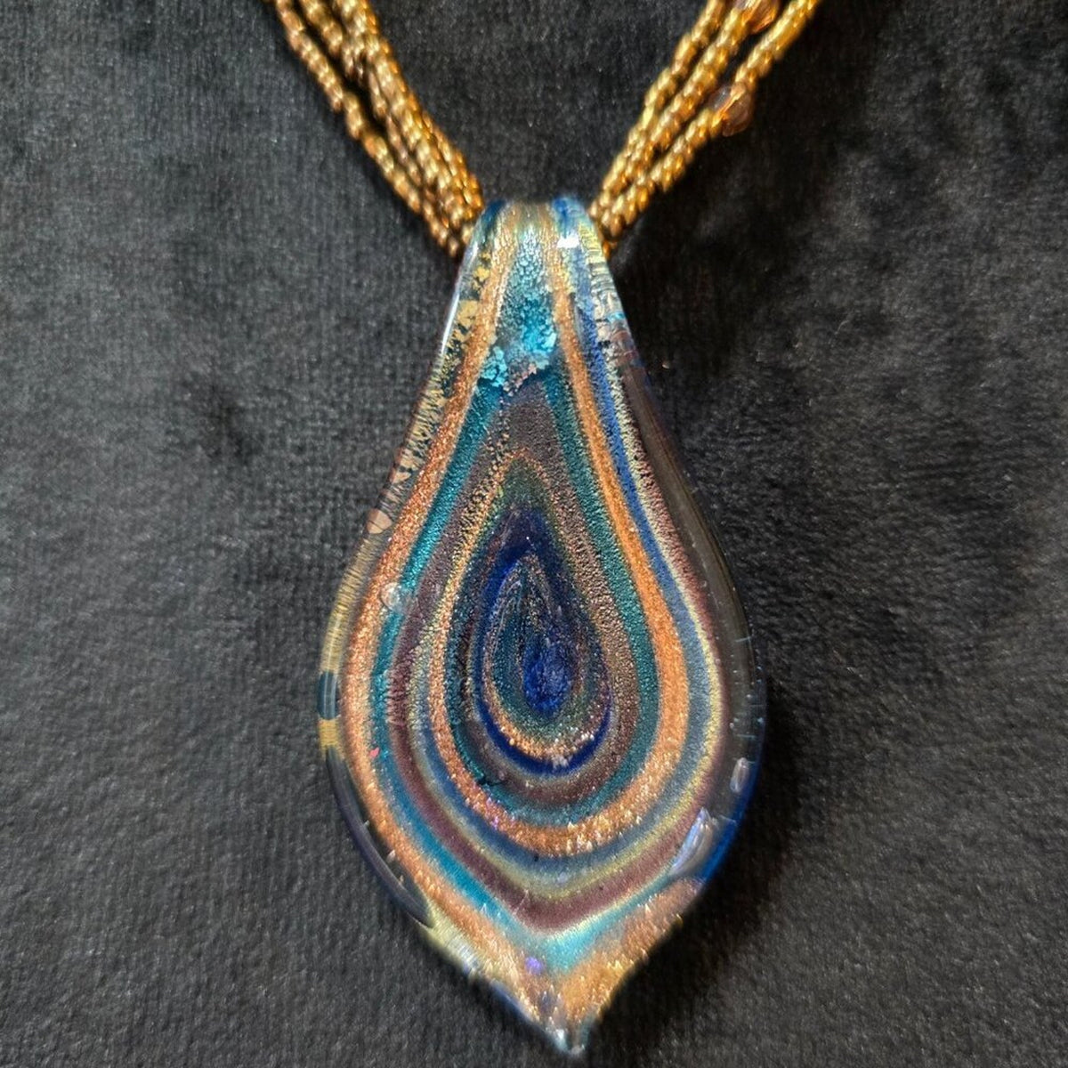 Women's Gold Seed Bead Swirl Leaf Teardrop Shaped Art Glass Pendant Necklace