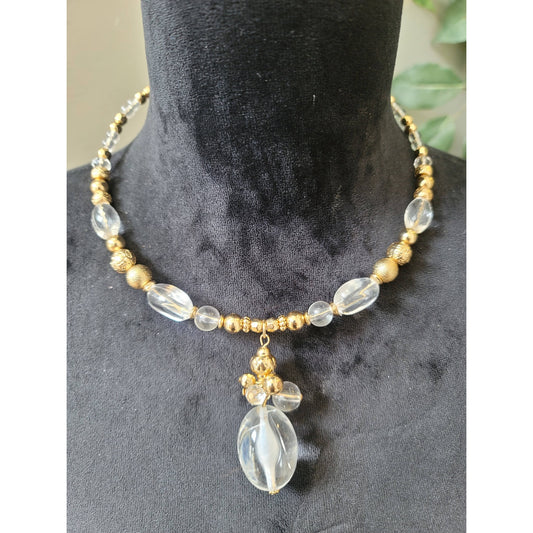 Women's Gold Clear Beaded Necklace Lobster Clasp Statement Pendant Jewelry