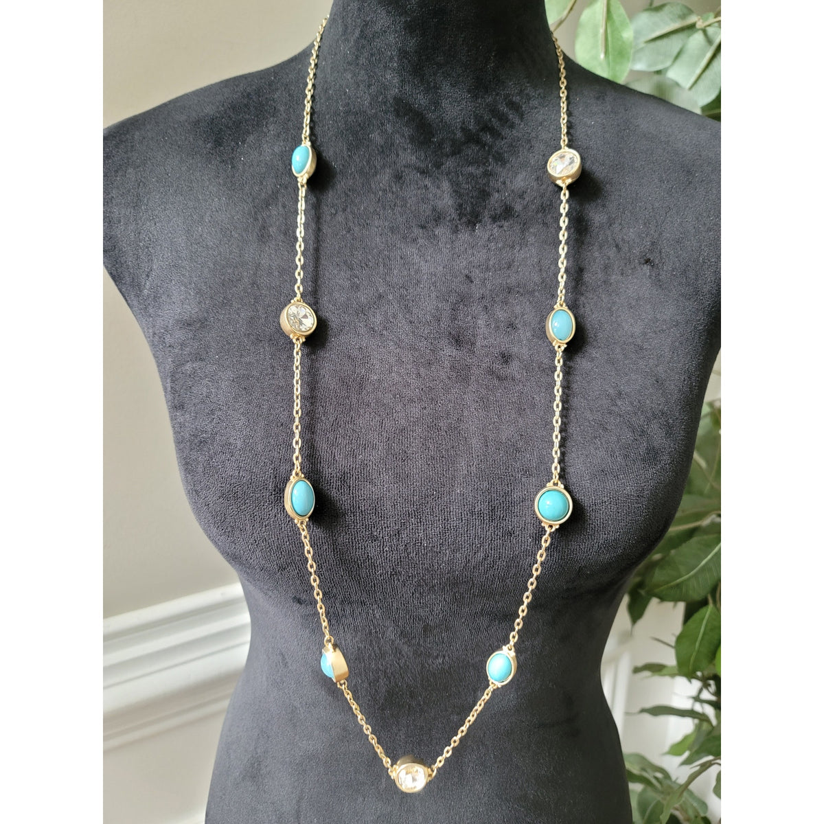 Women's Gold Chain Necklace With Turquoise And Crystal Stones Lobster Clasp Lock