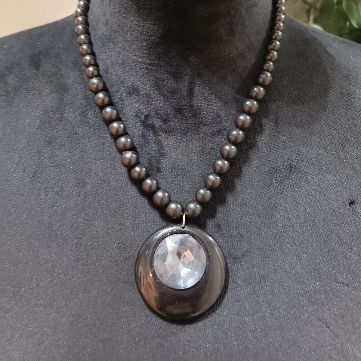 Women Fashion Black Gunmetal Beaded Clear Rhinestone Pendant Necklace w/ Lobster