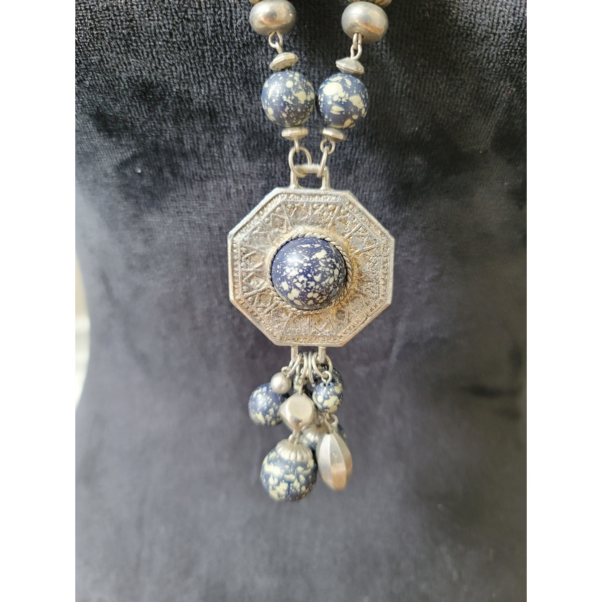 Women's Silver Chain Necklace With Blue Speckled Beads And Lobster Claw Lock