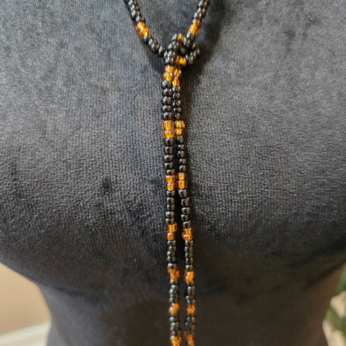 Womens Black Glass Seed & Baltic Amber Beads Adjustable Hallie Lariat Necklace