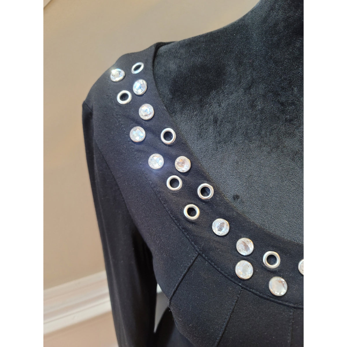 INC International Concepts Blouse L Black Rhinestone Grommet Embellished Scoop