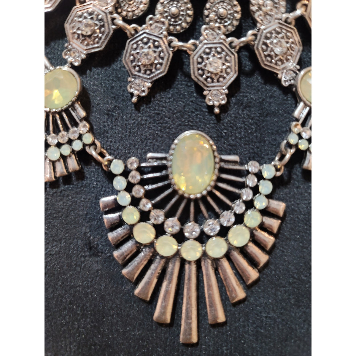 Women's Silver Tone Statement Bib Necklace With Opal Stones Lobster Clasp