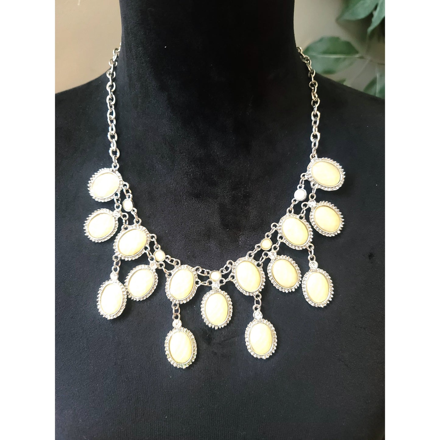 Women's Silver Tone Cream Oval Drop Bib Necklace Lobster Clasp Statement
