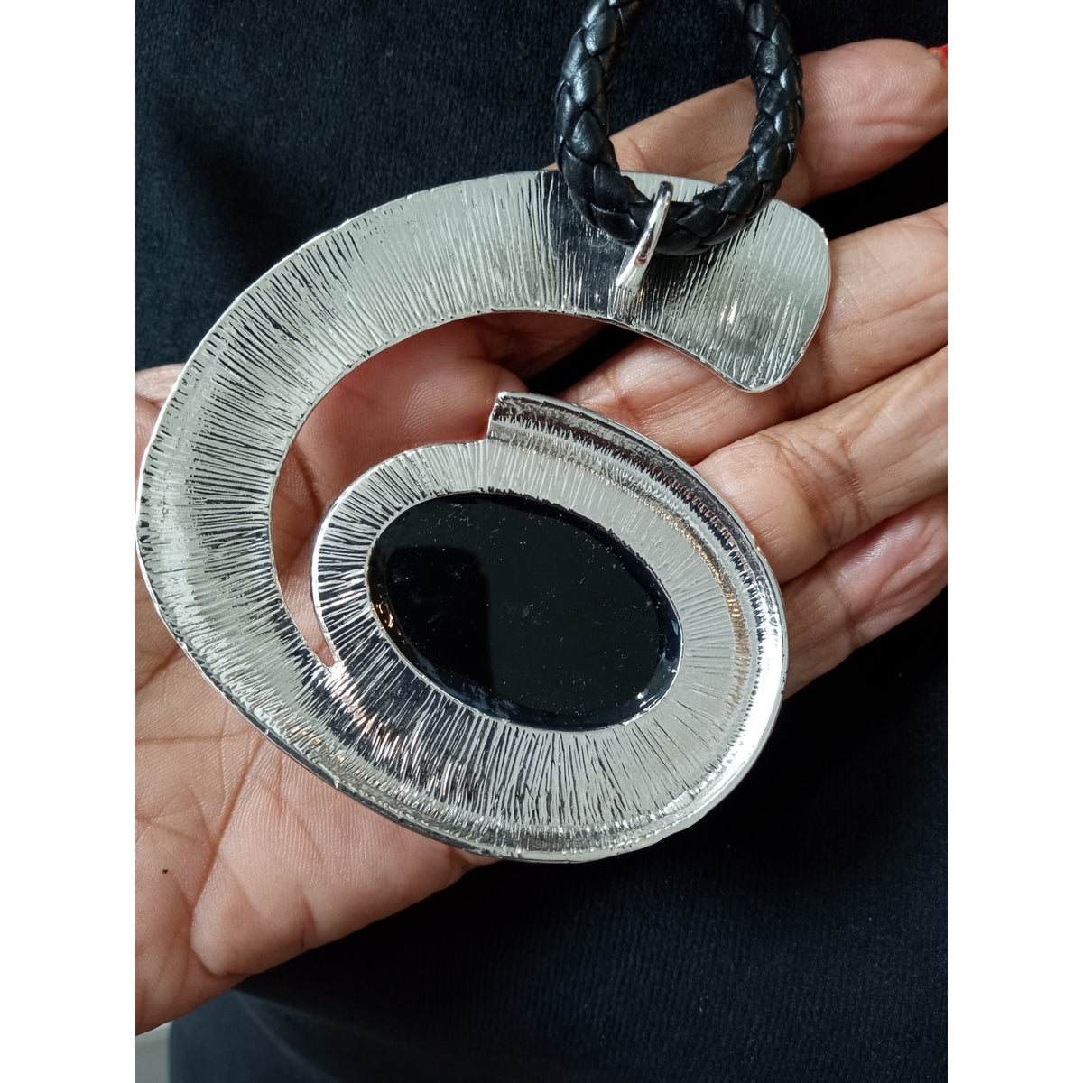 Silver Tone Abstract Swirl Pendant Necklace Black Cord Modern Statement Jewelry