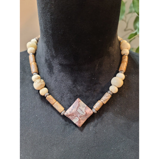 Women's Jasper Stone Beaded Pink Brown Necklace With Silver Hook Clasp
