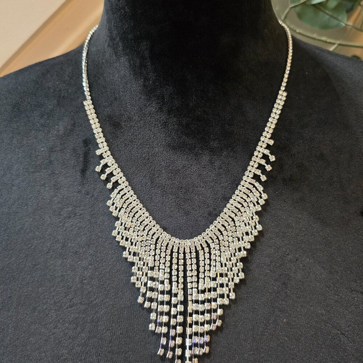 Women's Bling Silver Base Inlaid Rhinestone Drop Tassel Bib Statement Necklace
