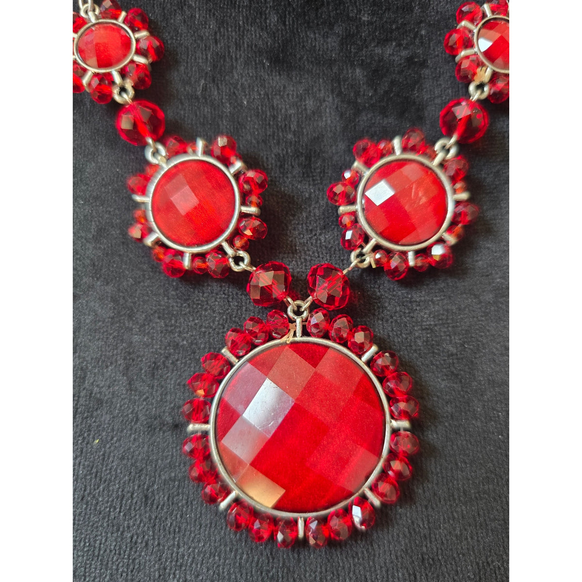 Silver Tone Red Rhinestone Bib Statement Necklace