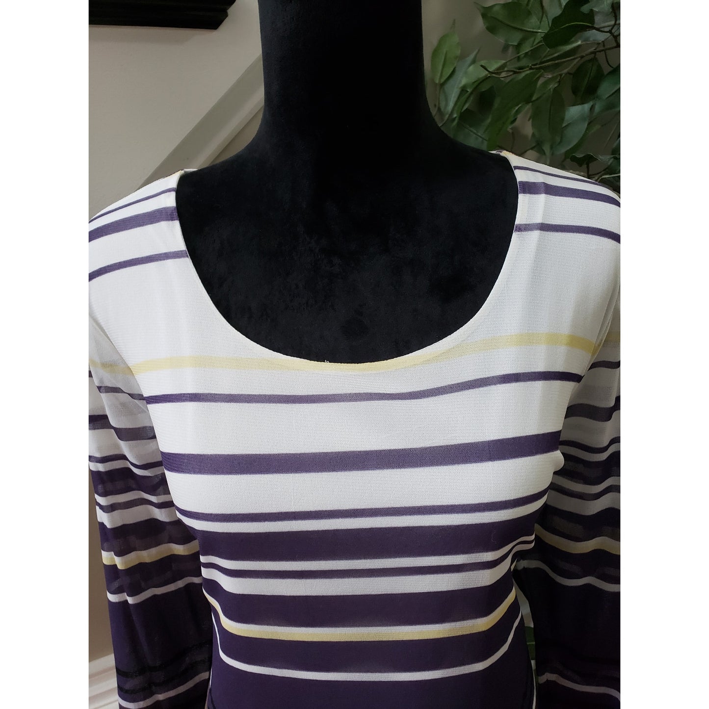 Alfani Top Blouse Women's Size XL White & Purple Striped Long Sleeve Round Neck