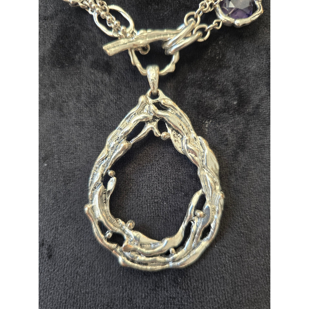 Silver Tone Layered Chain Oversized Open Teardrop Pendant Toggle Necklace
