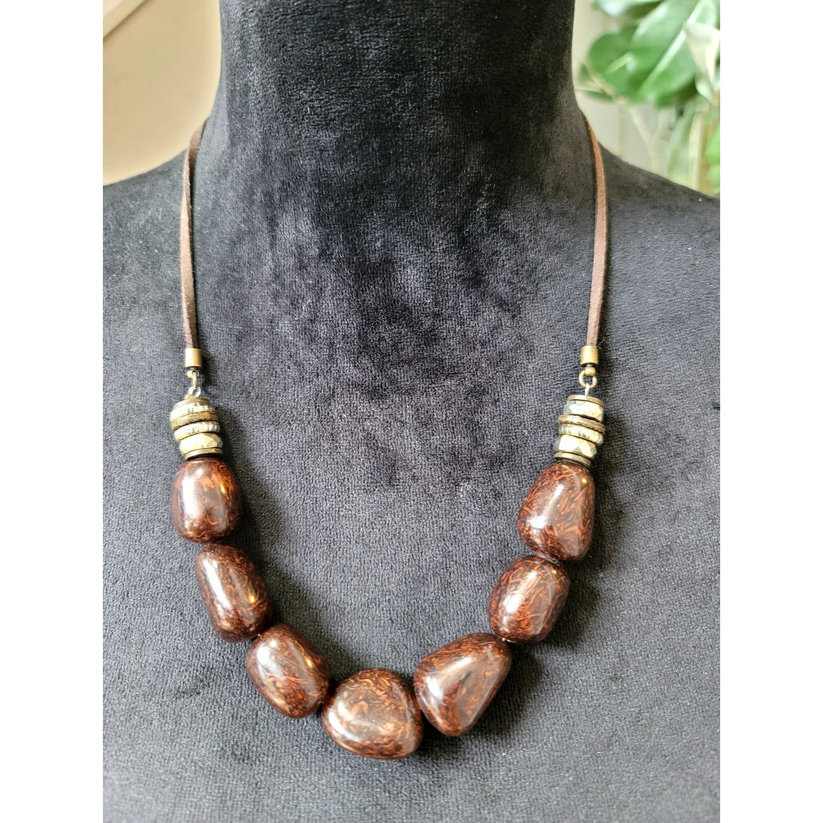 Brown Beaded Statement Necklace Set Stretch Bracelet Gold Tone Boho Tribal