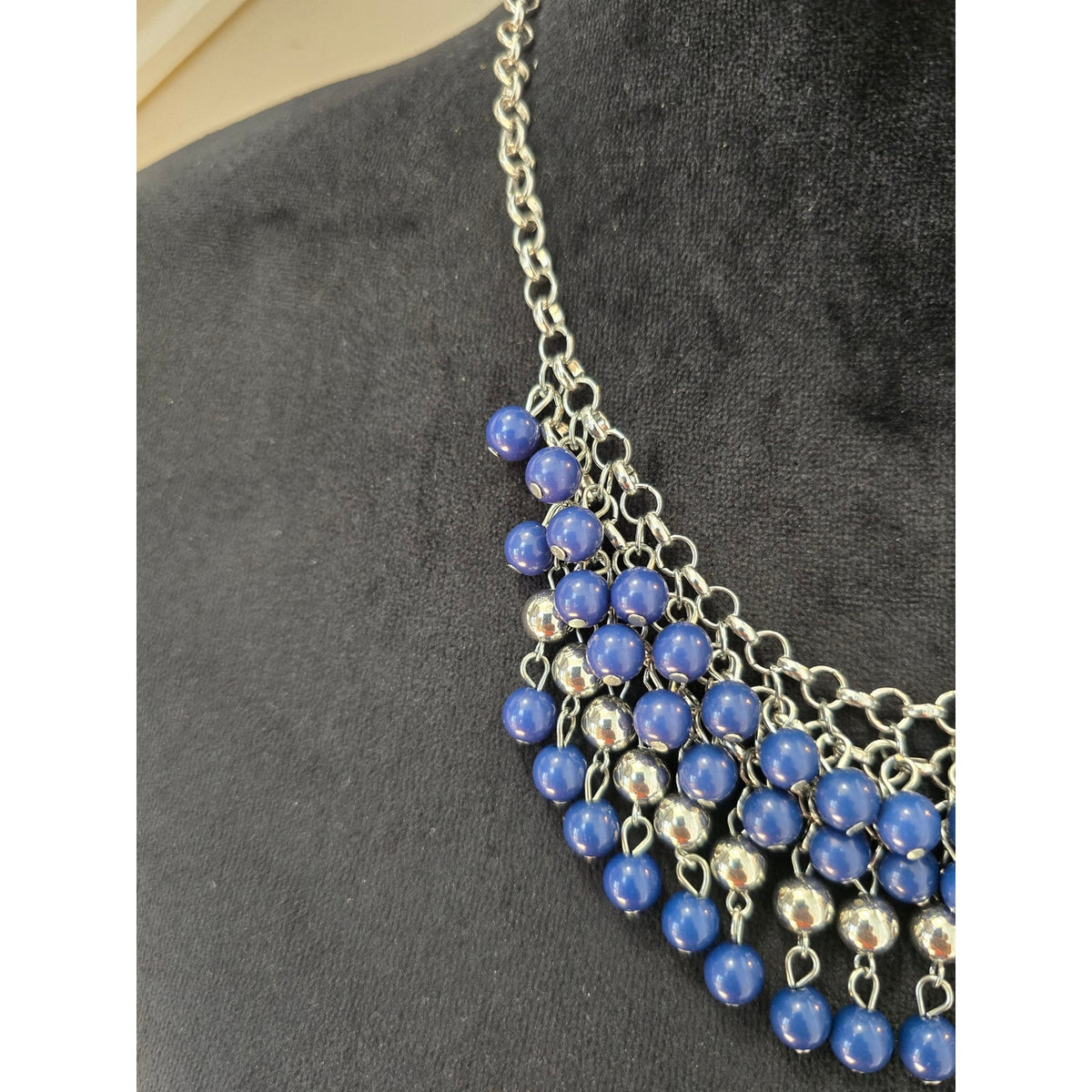 Blue Silver Tone Multi Strand Beaded Fringe Bib Statement Necklace