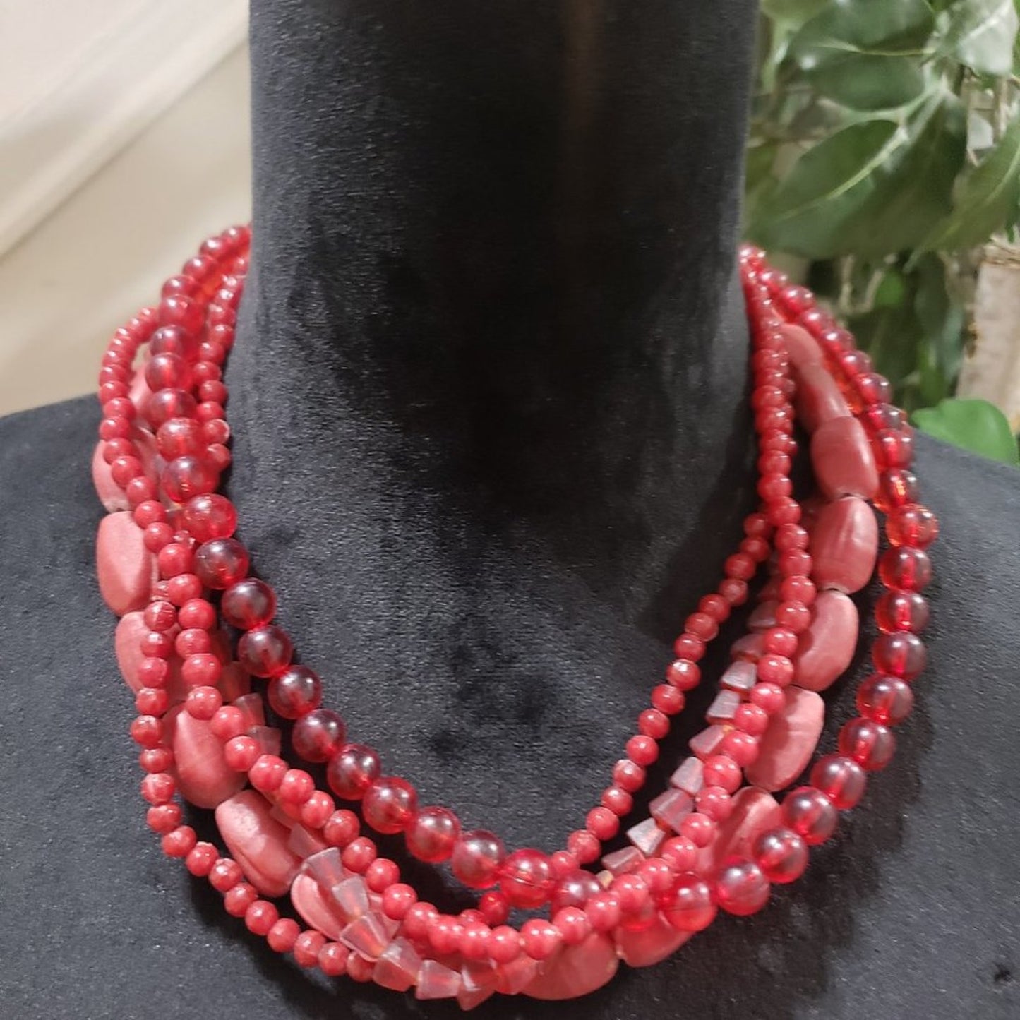 Womens Fashion Multistrand Red Glass Gemstone Beaded Choker Necklace