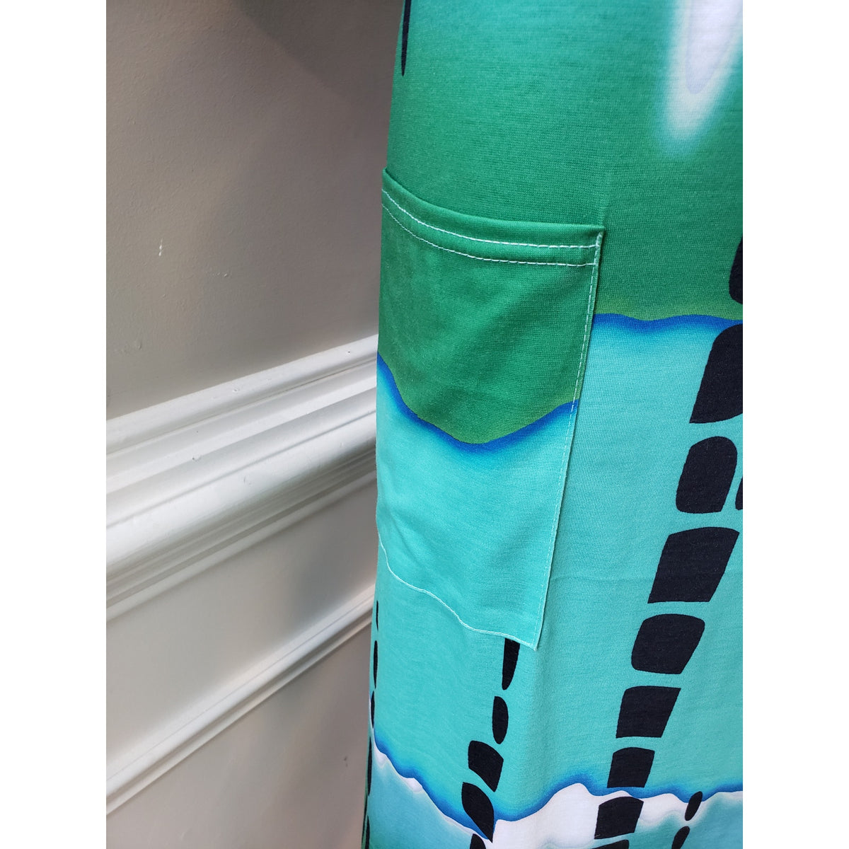 Abstract Tunic Dress Women Size XL Blue Green Short Sleeve V Neck Pockets Casual