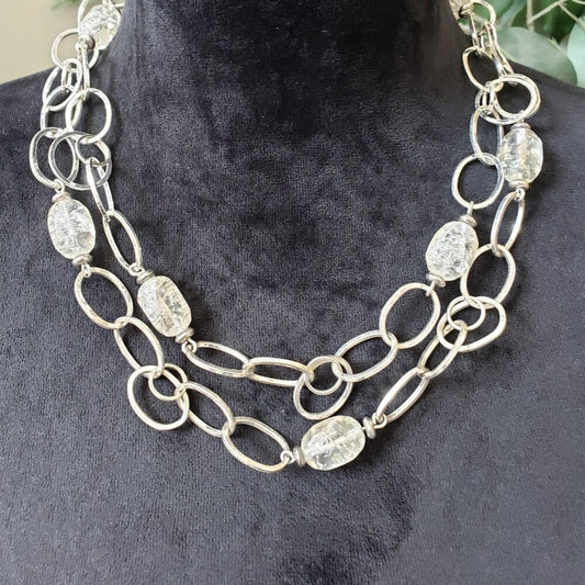 WHBM Silver Tone Hammered Links Crystal Necklace w/ Lobster Clasp