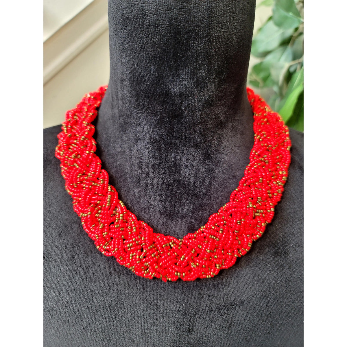 Women Handmade Red Seed Bead Braided Choker Necklace Statement Jewelry Gift