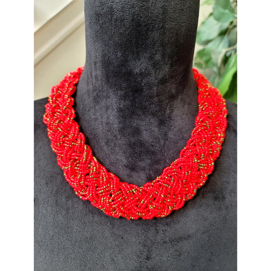 Women Handmade Red Seed Bead Braided Choker Necklace Statement Jewelry Gift